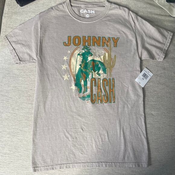 JOHNNY CASH NWT Extra Small XS Beige Graphic Tee Country Cowboy Tan Green NEW - Picture 1 of 3